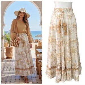 Barok Cream Tan Skirt palm tree print Bohemian tiered maxi costal Sm to Med NWT